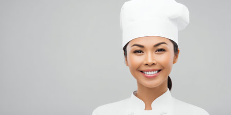 Asian female chef in white uniform and toque, smiling confidently at camera in studio headshot conveying culinary expertise, professionalism and hospitality career successの素材