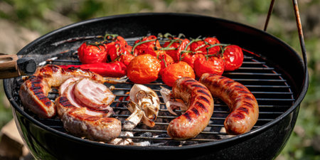 Sausages, sliced bacon, whole tomatoes, red chili pepper, and onions cooking on a portable charcoal grill during an outdoor picnic event, symbolizing summer fun and delicious food preparationの素材