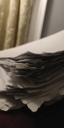 Stack of handmade paper showing rough deckle edges, irregular layers, and varied textures receiving soft light creating subtle shadows and abstract patternsの素材