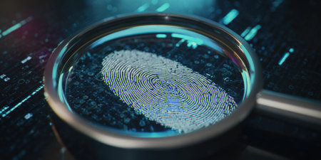 Magnifying glass revealing a glowing digital fingerprint pattern on a futuristic circuit board surface, representing biometric security, identification, and cyber forensics in a technology contextの素材