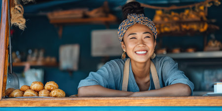 Young asian woman entrepreneur smiling brightly, standing confidently behind a food truck counter, representing small business ownership, happiness, and customer service in the food industryの素材