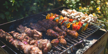Assorted meat cuts, colorful vegetable skewers, and mushroom skewers grilling on a hot outdoor barbecue, creating a delicious meal for summer gatheringsの素材