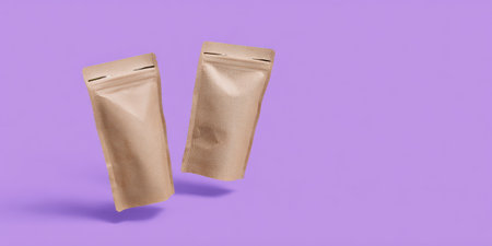 Blank brown kraft paper stand-up pouches with zipper closures floating in air, presenting packaging mockup design on a vibrant purple backdrop for various productsの素材