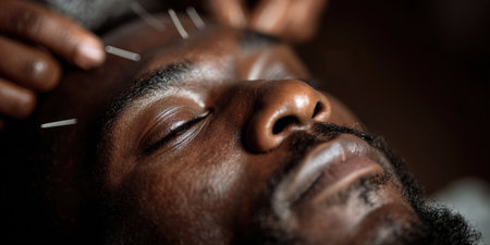 Man finding inner peace during an acupuncture session for holistic healing, experiencing a therapeutic wellness treatment with needles on his face to promote spiritual balanceの素材