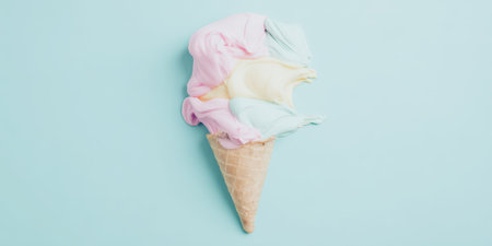 Pastel colored scoops of melting ice cream forming a playful abstract composition in a waffle cone on a vibrant light blue background, representing sweet treats and summerの素材
