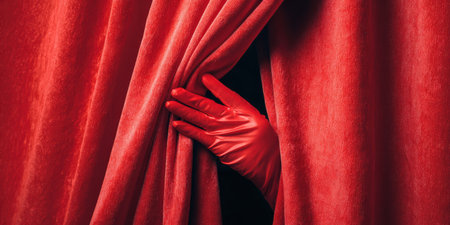 Red gloved hand pulling back a plush velvet stage curtain, revealing a hidden dark space and creating a sense of anticipation, mystery, and new opportunity before a performanceの素材