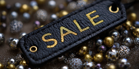 Black leather sale tag displaying metallic gold glitter lettering, resting among shiny silver and gold decorative beads, representing discount, retail, and shopping conceptsの素材