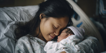 Young asian mother gently holding her sleeping newborn baby close to her chest in a hospital bed, sharing an intimate moment of love and bonding after birthの素材