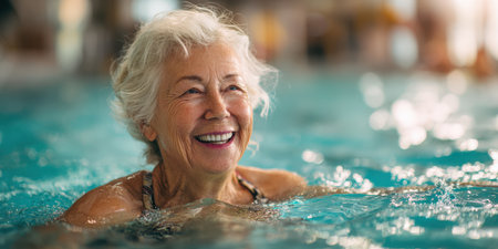 Senior woman smiling in a pool, enjoying active retirement and healthy aging with refreshing aquatic exercise, vitality, wellbeing and carefree happiness in blue waterの素材
