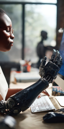 Young black woman wearing glasses and a bionic arm concentrating while typing on a keyboard at her desk in a contemporary office environment, symbolizing innovation and accessibilityの素材