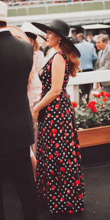 Elegant woman in a wide-brimmed hat and black dress with red floral and white polka dot patterns, enjoying a daytime social event and watching the crowd in profile viewの素材