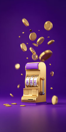 Golden slot machine featuring three sevens on the reels, surrounded by falling and scattered gold coins on a vibrant purple background, illustrating online casino gambling and big winsの素材