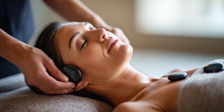 Woman lies relaxed on massage table while therapist places warm basalt stones on her face and chest during a serene spa hot stone treatment for wellness and beauty careの素材