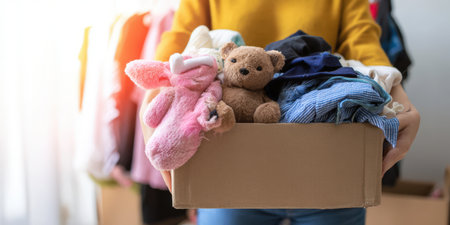 Person is holding a cardboard box filled with folded clothes and plush toys, preparing items for charity or decluttering a home, contributing to social welfare and sustainabilityの素材