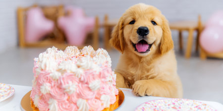 Golden retriever puppy with paws on a table, joyfully looking at the camera beside a pink frosted birthday cake with sprinkles, ready for a playful pet celebrationの素材