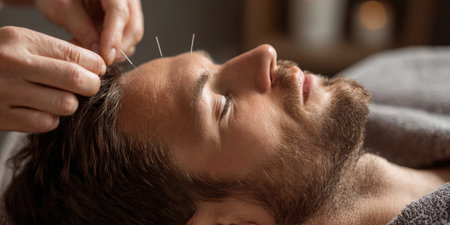Man lying peacefully with eyes closed, receiving acupuncture treatment on his forehead from a practitioner, focusing on wellness, relaxation, and alternative therapyの素材
