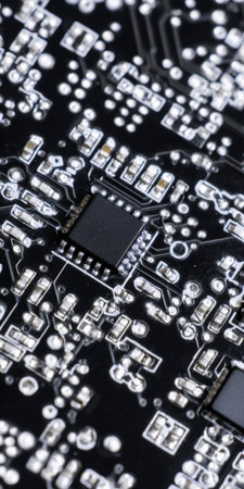 Circuit board displaying a central microchip surrounded by various components and traces, highlighting the intricate design of modern electronic hardware and digital innovationの素材