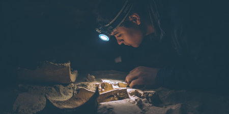 Young archaeologist carefully examining old bones and artifacts in the dim light of a headlamp, digging for historical discoveries in a challenging environmentの素材