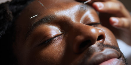 Young black man lying with eyes closed, experiencing a wellness acupuncture treatment, having needles placed on his forehead for relaxation and alternative therapyの素材