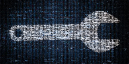 Wrench or spanner icon emerging from a background of shifting binary code, representing concepts of digital maintenance, it support, system settings, and technological repairの素材
