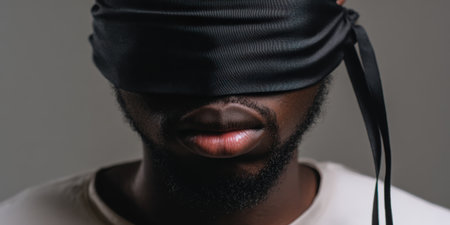 Young black man wearing a black blindfold, covering his eyes and symbolizing themes of blindness, lack of vision, or the concept of not seeing the truthの素材