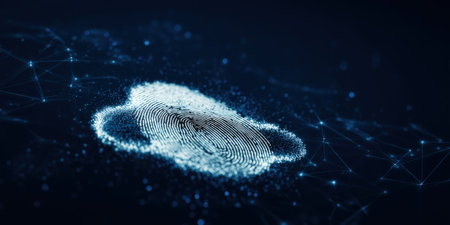 Fingerprint shaped like a cloud symbolizing biometric security, identity and data privacy in cloud computing and distributed networks for secure authentication and access controlの素材