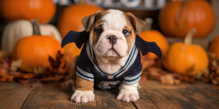 Bulldog puppy sitting on a rustic wooden surface, wearing a dark costume with bat wings, surrounded by fall leaves and diverse pumpkins for a festive halloween themeの素材