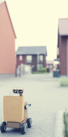 Delivery robot with a paper shopping bag rolls down an empty suburban street, showcasing contactless, last-mile convenience and automated delivery for modern neighborhoodsの素材