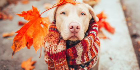 Dog puppy standing outdoors in autumn, wearing a colorful knitted scarf and surrounded by vibrant orange maple leaves, creating a cozy and heartwarming seasonal sceneの素材