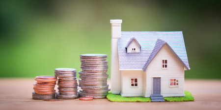 Miniature house model standing beside increasing stacks of coins, symbolizing home loan payments, property investment, and financial growth in the real estate marketの素材