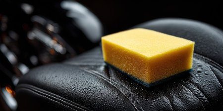Yellow sponge resting on a wet black leather motorcycle seat covered with water drops, symbolizing vehicle detailing, maintenance, and regular cleaning careの素材