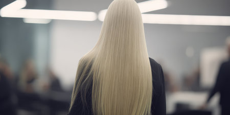 Blonde businesswoman with long straight hair walking into a modern office meeting room, back view emphasizing professional corporate environment, leadership and confident presenceの素材