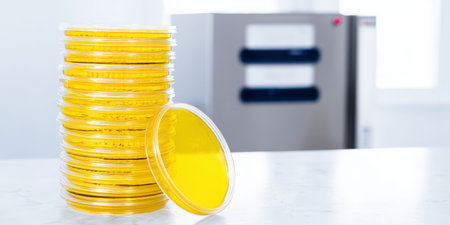 Petri dishes stacked and standing with yellow agar medium in a lab setting, sharp foreground of culture plates against a blurred incubator and equipment for microbiology testing and researchの素材