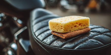 Motorcycle seat covered in water droplets with a yellow cleaning sponge and a folded brown microfiber towel on top, illustrating vehicle maintenance and detailingの素材