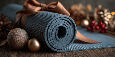 Yoga mat tied with a brown ribbon as a thoughtful christmas or new year gift, promoting wellness, fitness, relaxation and healthy habits during the festive winter seasonの素材