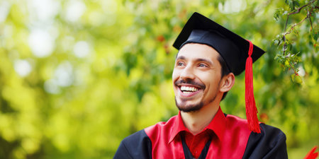 Happy graduate man smiling broadly and looking away, wearing a black cap and gown with a red sash, celebrating academic achievement and a new beginning against a bright green bokeh backgroundの素材
