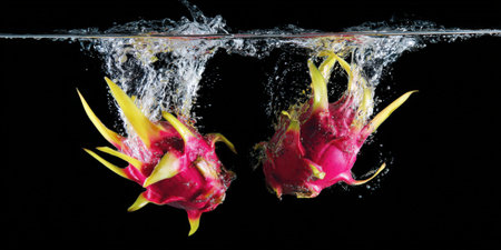 Two vibrant pink dragon fruits creating dynamic splashes and bubbles as they fall into clear water, highlighting freshness and healthy eating on a striking black backgroundの素材