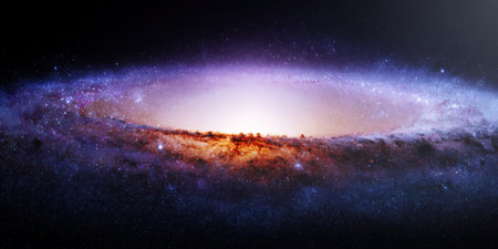 Sombrero galaxy (m104) filling dark outer space with vibrant light, showing billions of stars, cosmic dust, and nebulae in a stunning spiral ring formationの素材