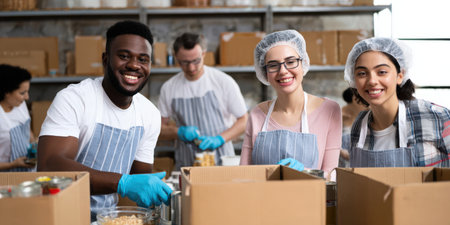 Diverse volunteers smiling while working in a busy food bank warehouse, sorting and packing canned goods and other donations into cardboard boxes for distributionの素材