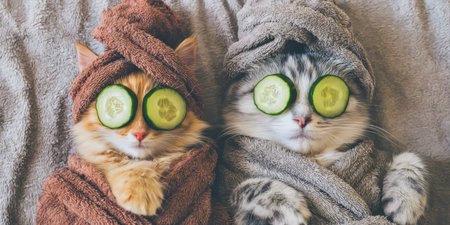 Two cute cats wrapped in towels and bathrobes relaxing together, having a funny spa procedure with fresh cucumber slices covering their eyes, promoting pet care and pamperingの素材