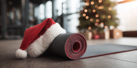 Yoga mat and santa hat resting on the floor in a gym, with a blurred christmas tree in the background, combining holiday celebration with health and wellness goalsの素材