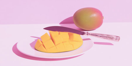 Fresh mango half with cubed flesh on a white plate and knife, paired with a whole ripe mango on a vibrant pink backgroundの素材
