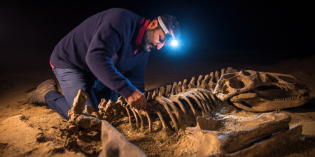 Paleontologist with headlamp carefully excavating a dinosaur skeleton from sand at night, studying an important ancient fossil discovery with focused, professional concentrationの素材