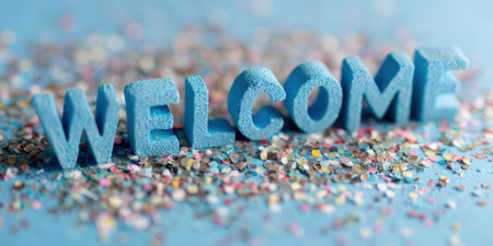 Blue foam letters spelling welcome stand on a pale blue surface amid scattered vibrant confetti, creating a cheerful, festive greeting scene for events, stores, or partiesの素材