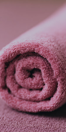 Rolled pink towel showcasing its soft, fluffy fibers and plush texture, creating a cozy and clean abstract background suitable for bathroom, spa, and wellness conceptsの素材