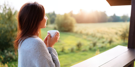 Woman standing on a peaceful morning balcony enjoying a warm cup of coffee while contemplating the serene countryside views and golden sunrise over a fieldの素材