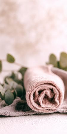Rolled light pink terry cloth bath towel resting on a grey linen fabric, with blurry green eucalyptus leaves in the background, signaling relaxation, wellness, beauty, and self-care conceptsの素材