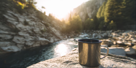 Enamel mug filled with coffee resting on a rock beside a flowing river, capturing the peaceful moment of a morning in nature with warm sunlight creating a relaxed outdoor experienceの素材