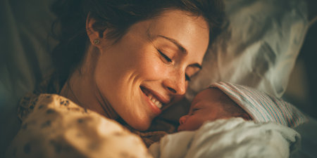 New mother with eyes closed, smiling warmly, holding and embracing her newborn baby wrapped in a blanket, sharing a moment of pure love and connectionの素材