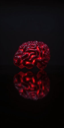 Human brain glowing red over dark reflective surface, symbolizing intelligence, abstract thinking, neural networks and digital neuroscience, evoking creativity, learning and innovationの素材